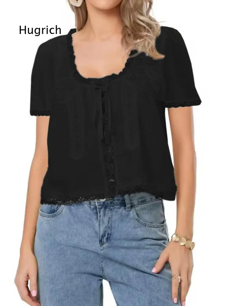 Women Square Neck Short Sleeve Loose Crop Top Lace Trim And Front Tie Button Detail For Leisure Time And Daily Fashion Looks
