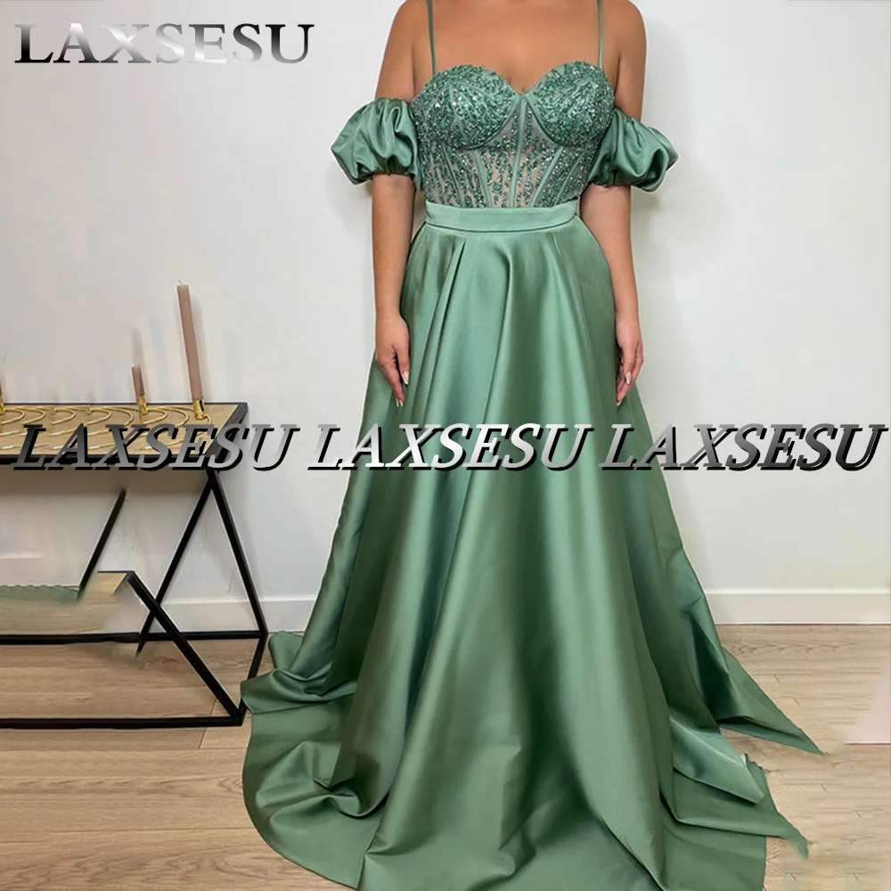 Laxsesu 2022 Green Dubai Prom Dresses With Beading Top Short Sleeves Saudi Arabia A-Line Sweetheart Evening Dresses 2022