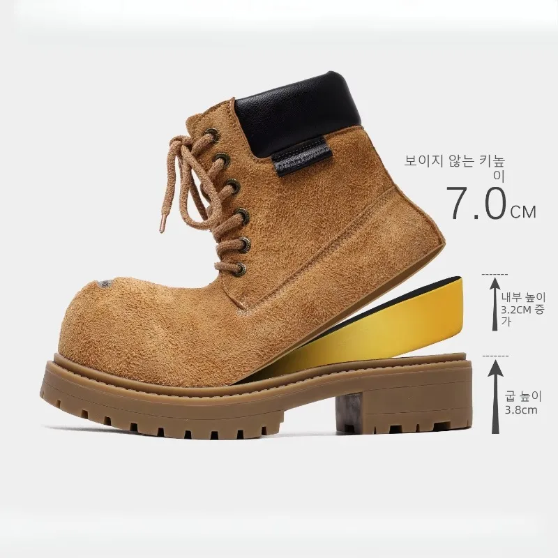 Invisible Heightening 7cm High Top Yellow Boots Men's Retro American Big Head Hiking Boots Casual Workwear Boots Round Toe
