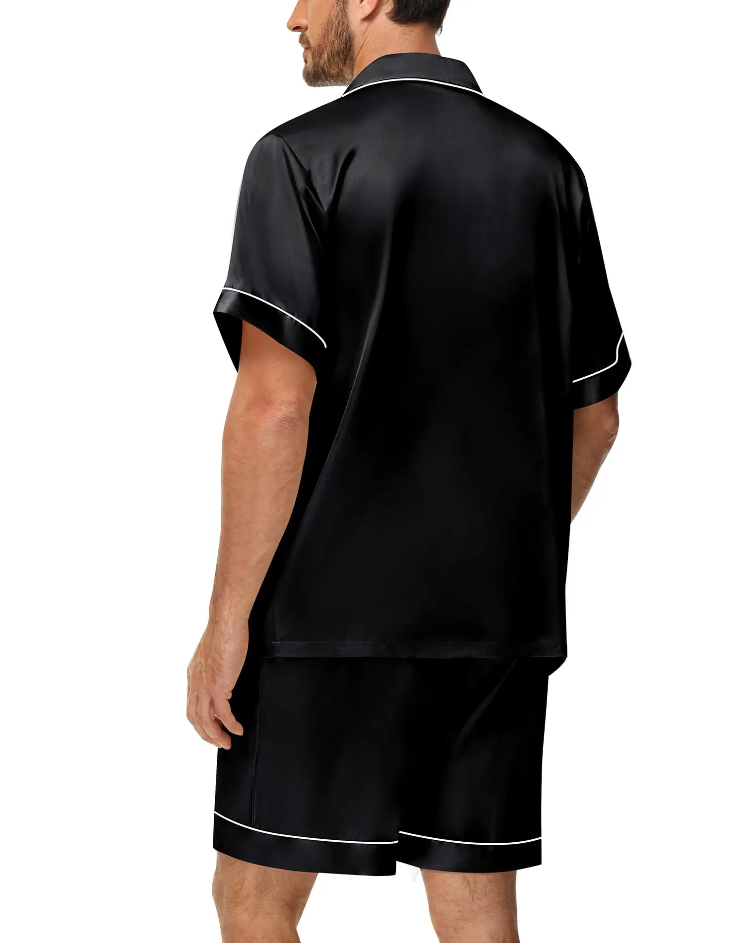 2-teiliges Pyjama-Set aus seidigem Satin für Herren, kurzärmeliges Hemd mit Revers, Brusttasche und Shorts, glatte Haptik, weiche Nachtwäsche, gemütliche Nachthemden – Detail 9