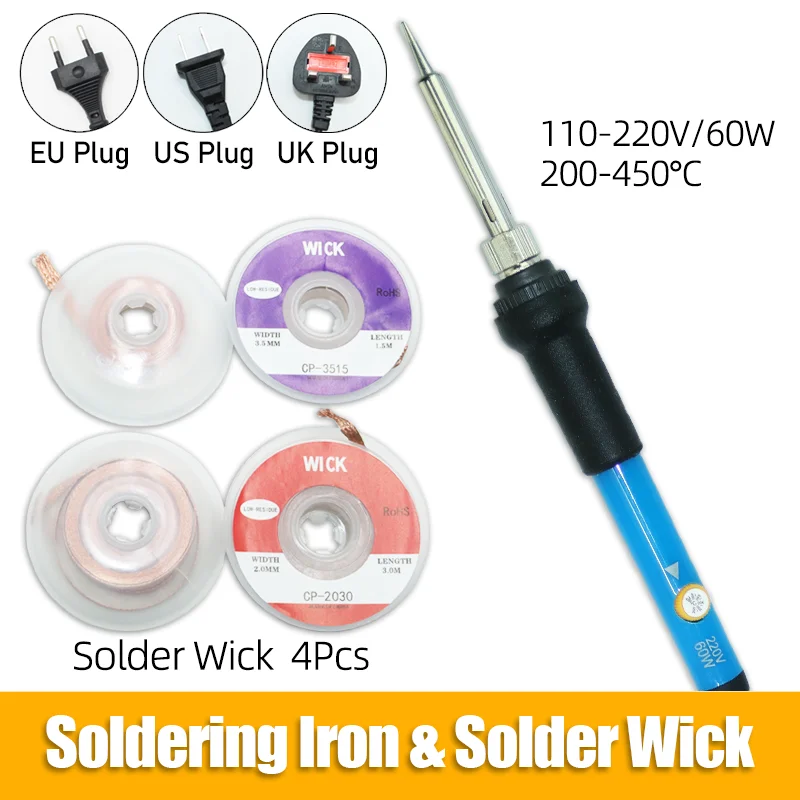 

60W Electric Soldering Iron and Copper Mesh Desoldering Braid Wire Soldering Remove Iron Set Welding Solder Wick PCB BGA Repair