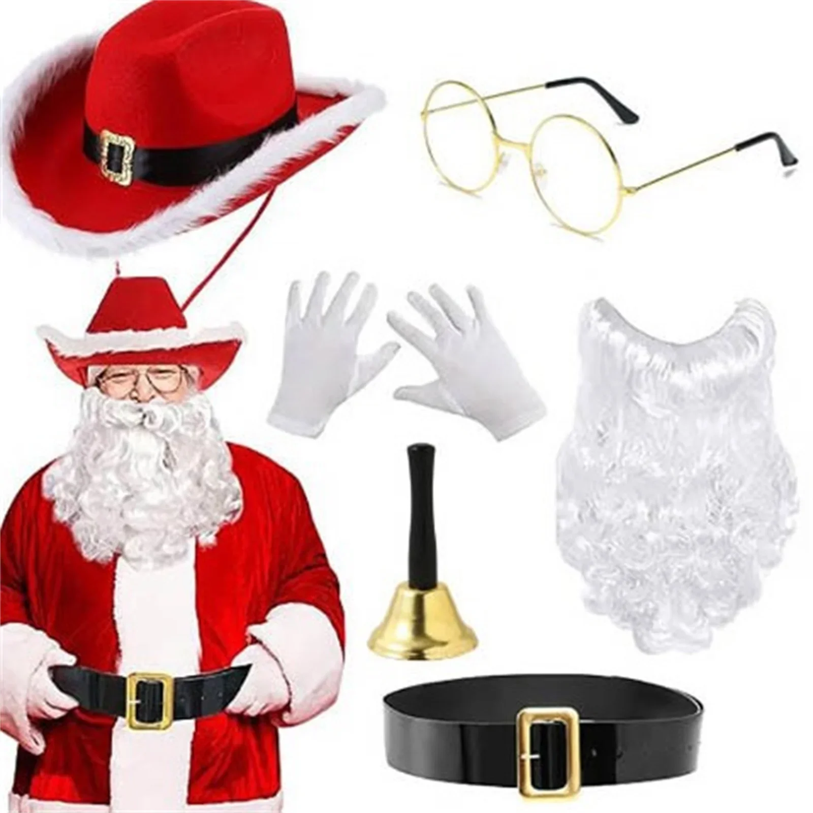 Christmas Gift Santa Claus Party Party Red Cowboy Hat White Beard Glasses Belt Glove Set