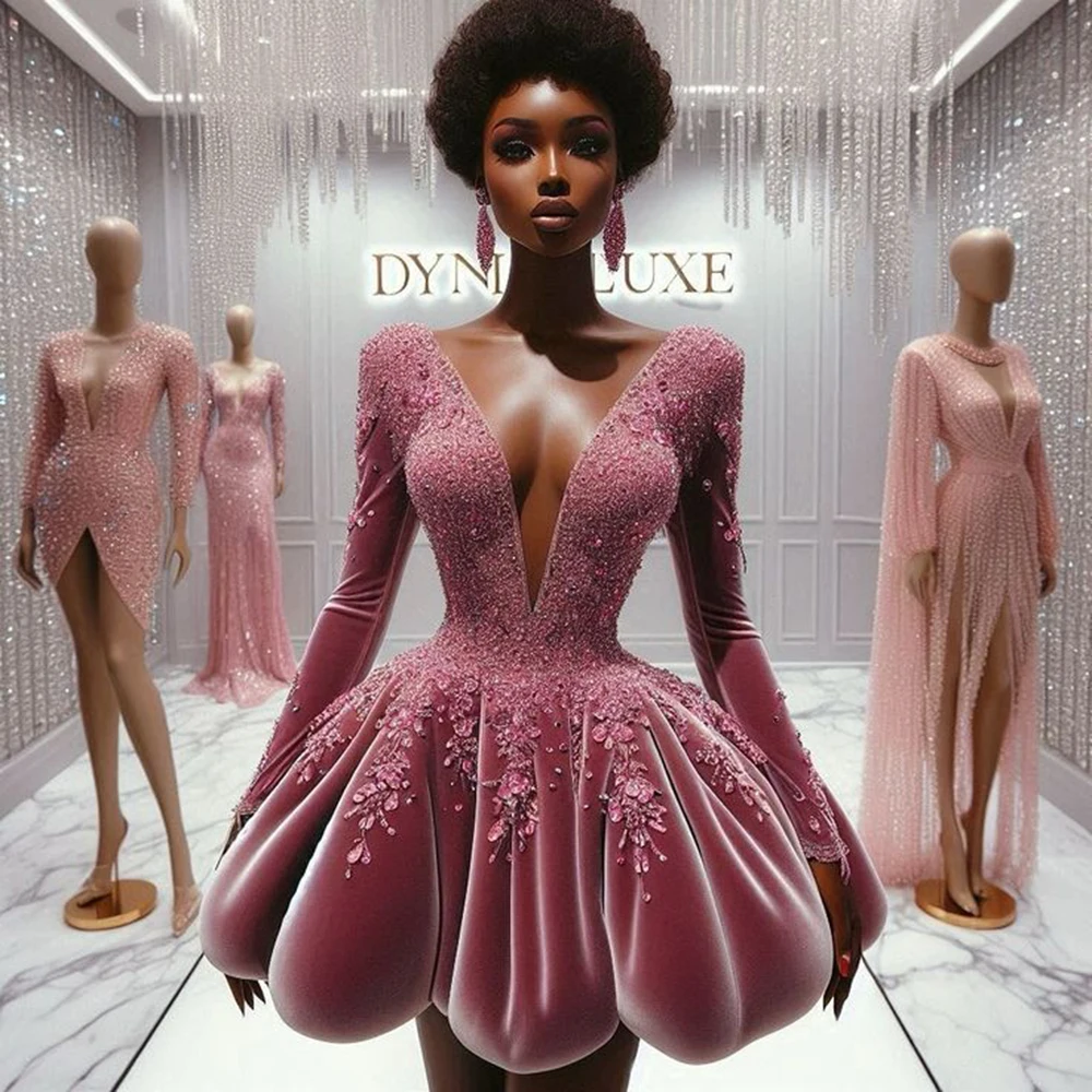 

Розовое бархатное платье для выпускного вечера с глубоким V-образным вырезом и кружевными аппликациями, мини-вечернее платье с длинными рукавами и бисером, пышное коктейльное платье
