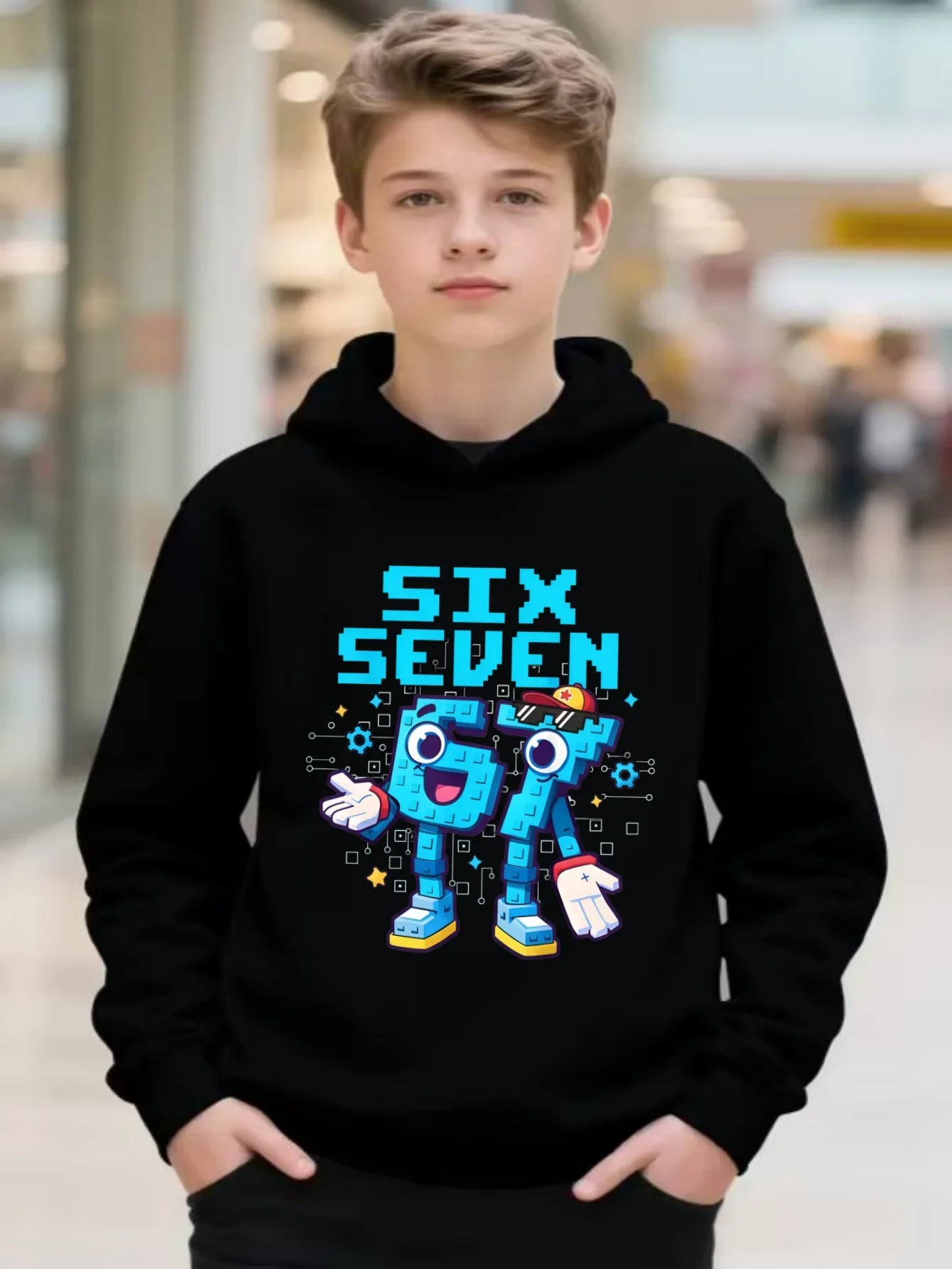 Kids Retro Game Hoodie Autumn Winter Fleece Lined Pixel 67 Six Seven Graphic Letter Print Long Sleeve Pullover