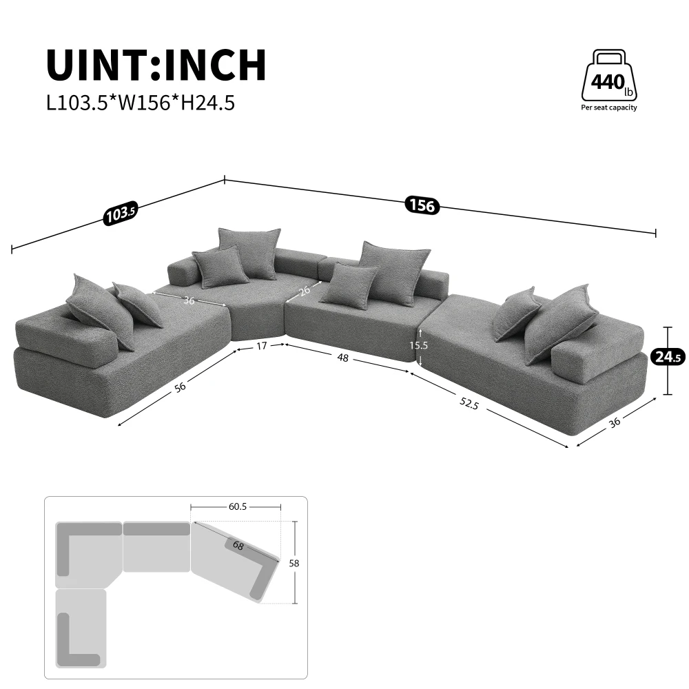 156''Oversized Modular U Shaped Sectional Sofa,Luxury Boucle Floor Couch Set,Convertible Compressed Couch,Spacious Foam-Filled S