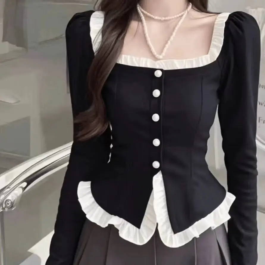 French Style Versatile Fake Two-piece Bottoming Shirt Irregular Lace Square Collar Long-sleeved Button-down Shirt Women Autumn