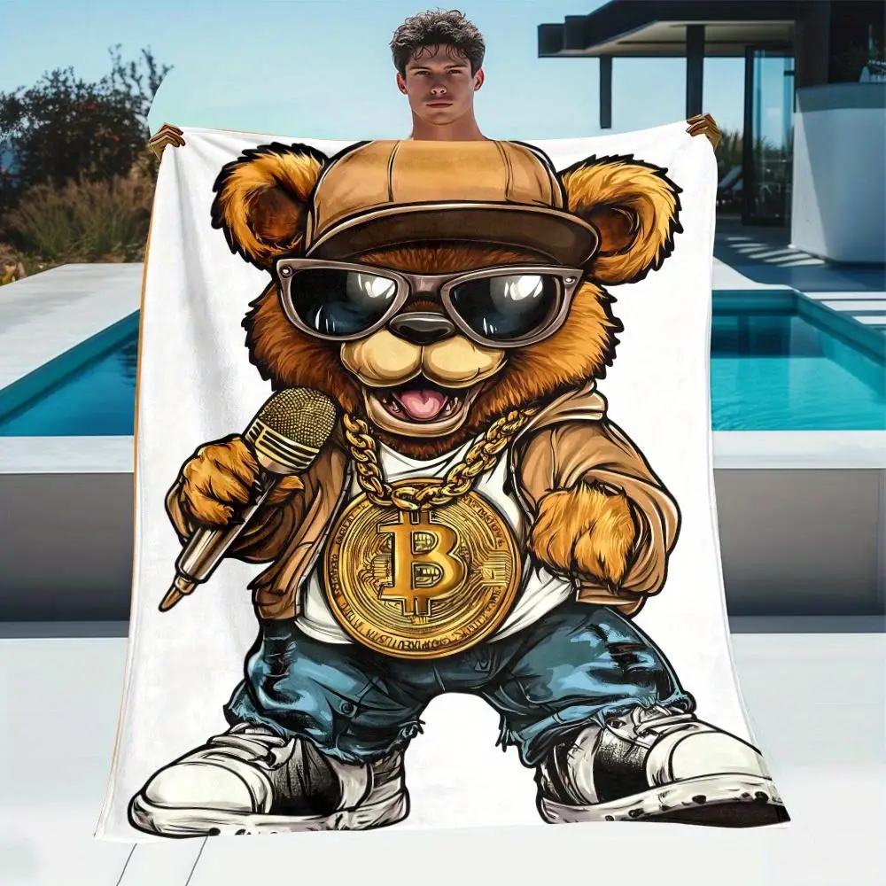 Funny Bitcoin Bear Gangster Crypto Blanket Throw Large Picnic Fleece Blanket 150x200cm Unique Hip Hop Art