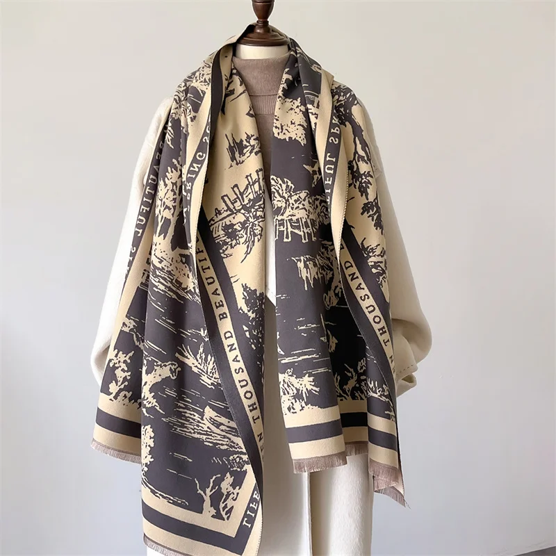 Luxury Brand Cashmere Women Floral Scarf Winter Warm Shawl and Wrap Bandana Pashmina Female Foulard Square Thick Blanket Poncho