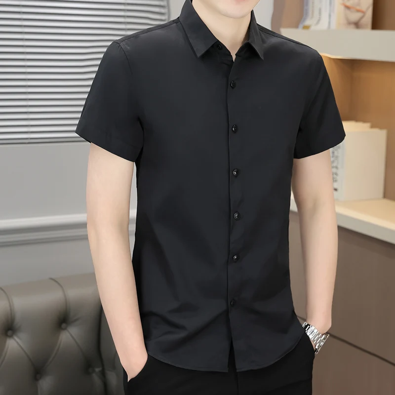 Summer Men\'s Clothing Turn-down Collar Solid Color Button Short Sleeve Cardigan Shirt Business Boyfriend Office Lady Tops