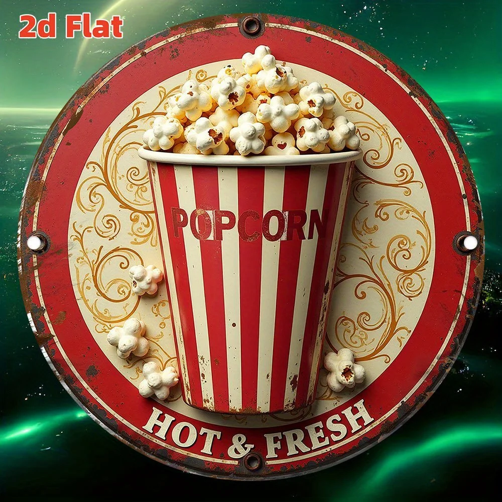 Plano 2D - Logotipo retro de palomitas de maíz frescas y calientes - Arte de pared de estilo bohemio, cafetería, restaurante y decoración al aire libre para amigos