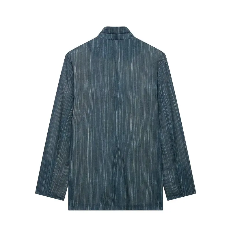 New 2026 Early Autumn Women's Fashion Stripe Pattern High Waist Suit Jacket Stand Collar Outerwear with Long Pants
