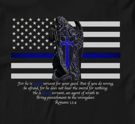Thin Blue Line USA Flag The Archangel St Michael Pray T-Shirt 100% Cotton O-Neck Short Sleeve Casual Mens T-shirt Size S-3XL