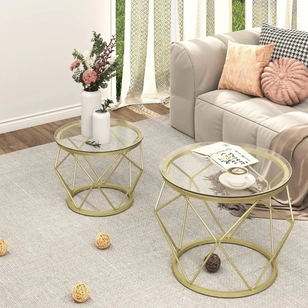 Gold Coffee Table, Round End Table Set of 2, Coffee Table with Metal Frame and Tempered Glass Top, Modern Accent Side Table