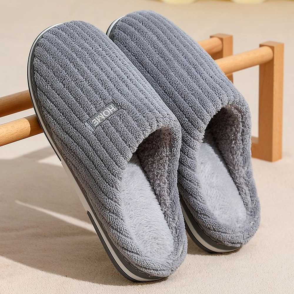 

Couple Slippers Indoor Stripe Fluff Memory Foam Fluffy EVA Anti-skid Soft Heel Non Slip Plush Slippers Women Winter Houseshoes