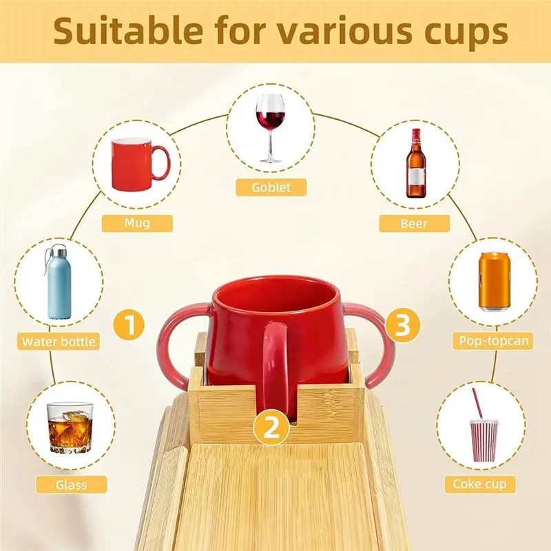 TKOH-Bamboo Couch Cup Holder& Armrest Tray-A Secure Drink Slot And Snack Space Extending For Recliner Or Sofa Comfort