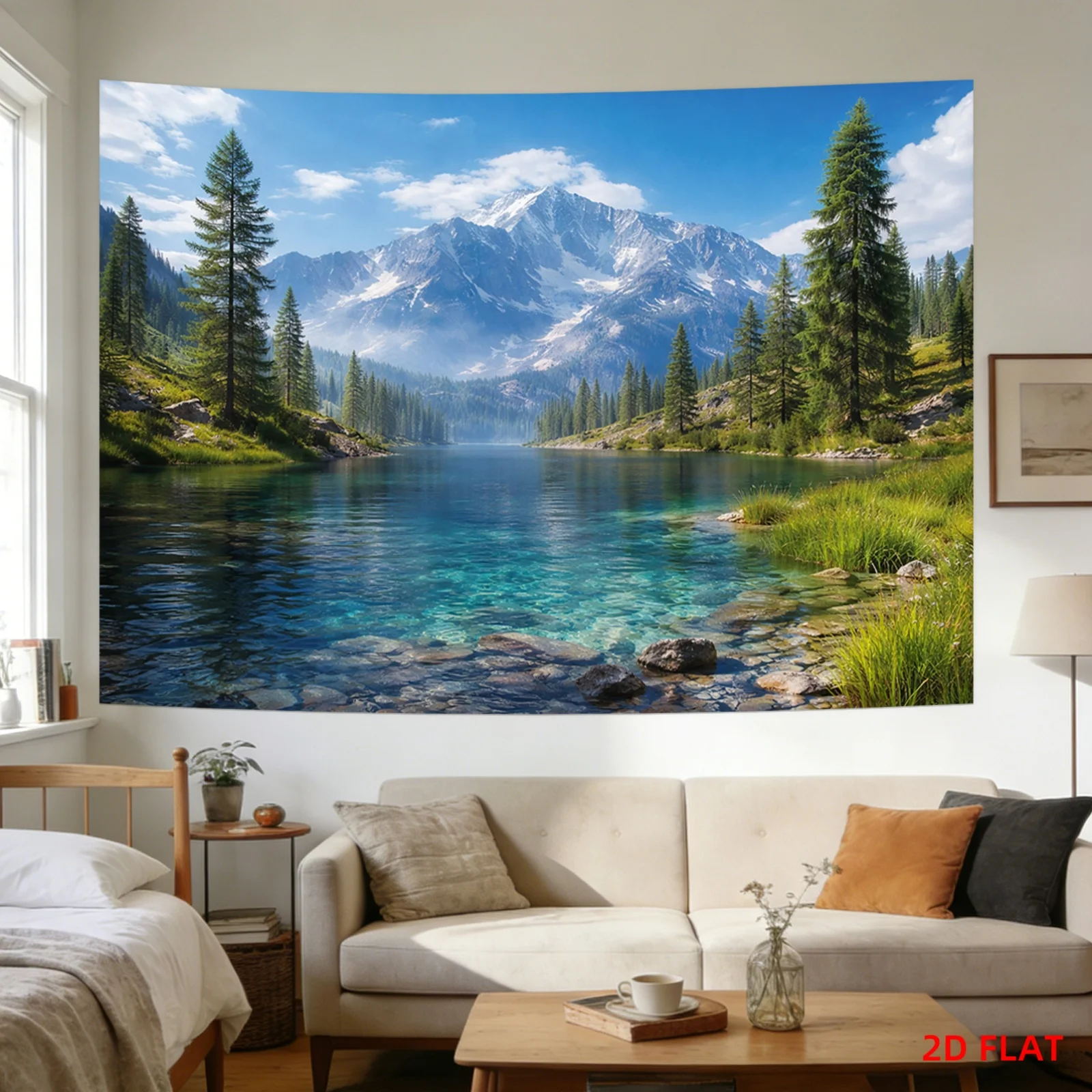 Mountain Lake Tapestry Polyester Wall Hanging Snowy Peaks Pine Trees Living Room  wall tapestry aesthetic room decor