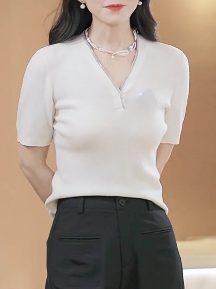 

Женская трикотажная шерстяная футболка с V-образным вырезом, тонким цепочным узором, дышащая, мягкая, прямого кроя, базового цвета, весна-лето