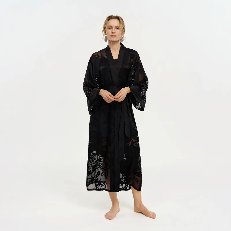 Women Floral Flocked Sheer Chiffon Kimono Collar Long Wrap Bathrobe Self Tie Belt Loungewear Elegant Transparent Night Robe