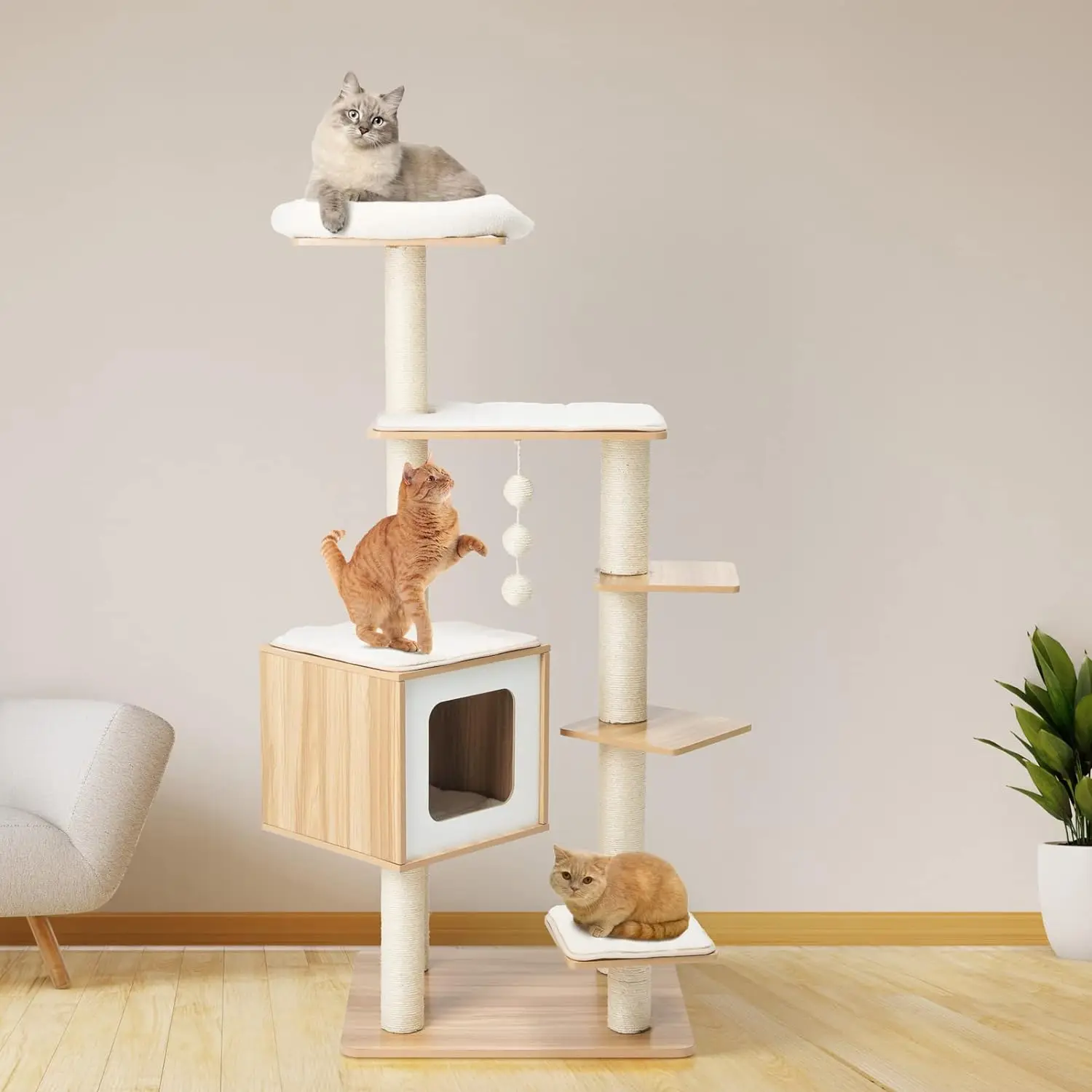 

Arlopu 55” Tall Modern Cat Tree Tower for Indoor Cats, Wooden Cat Climbing Stand Furniture, 6 Level Platform Cat Activities Cond