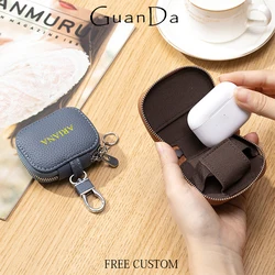 Custom Letters Earphone Bags Genuine Leather Engrave Initials Storage Bag With Key Chain Personalized Key Wallet Earphone Purse