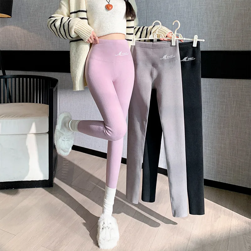 De Rong Self Heating Pants High Waisted Tight Fitting in Autumn Winter Double-sided Brushed Seamless Leggings with Thick Fleece