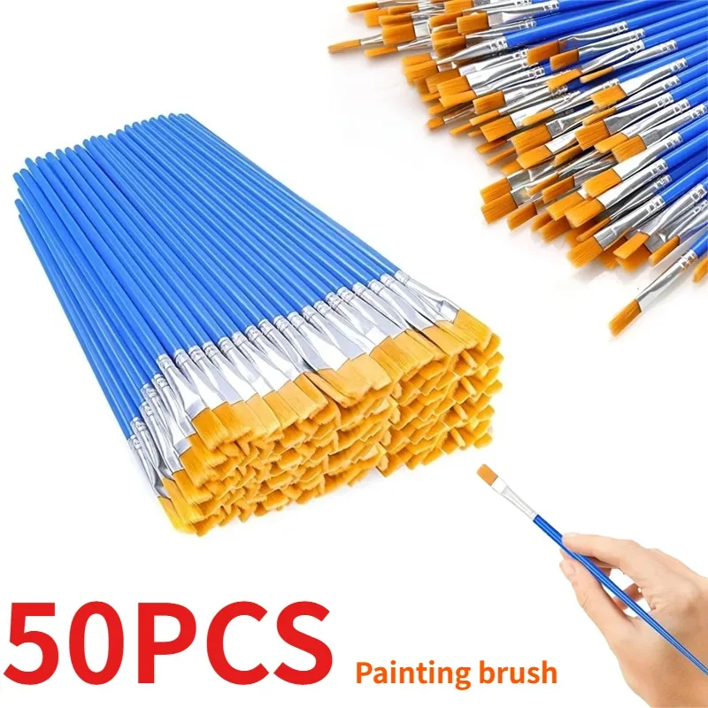 50Pcs Painting Brushes Set Art Round Flat Hair Nylon Hair Paint Brush for Oil Acrylic Watercolor Kids Painting and Art Supplies