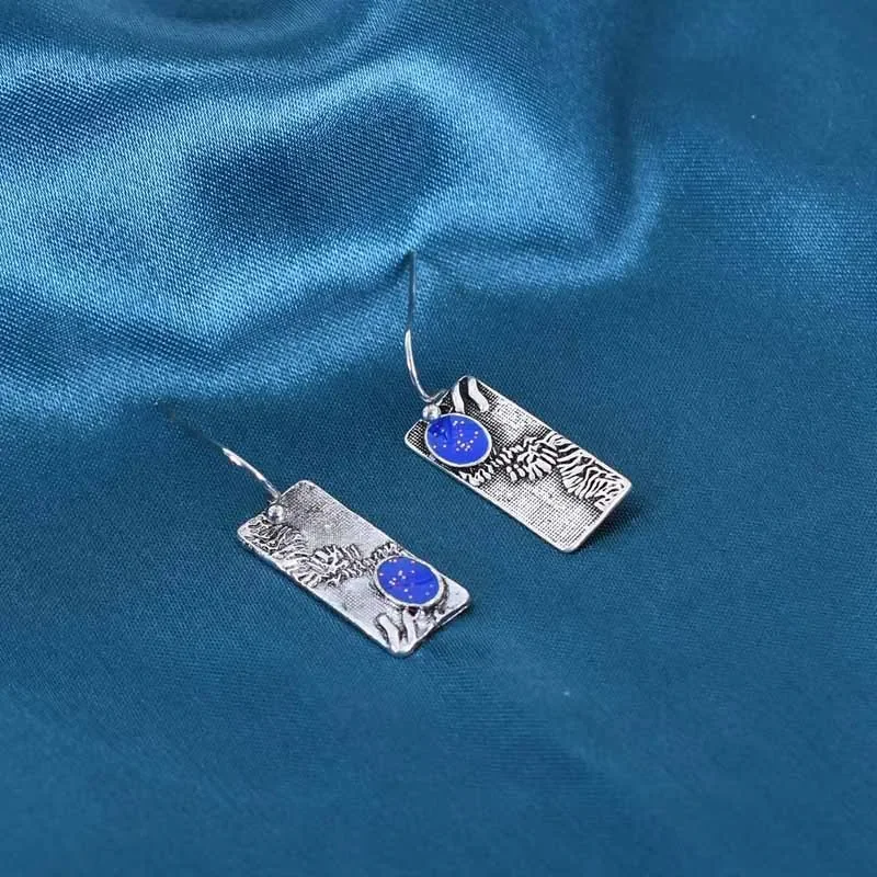 Ethnic Exquisite Fashion Sliver Square Blue Color Geometric Earrings For Women Elegant Wedding Custom Jewelry