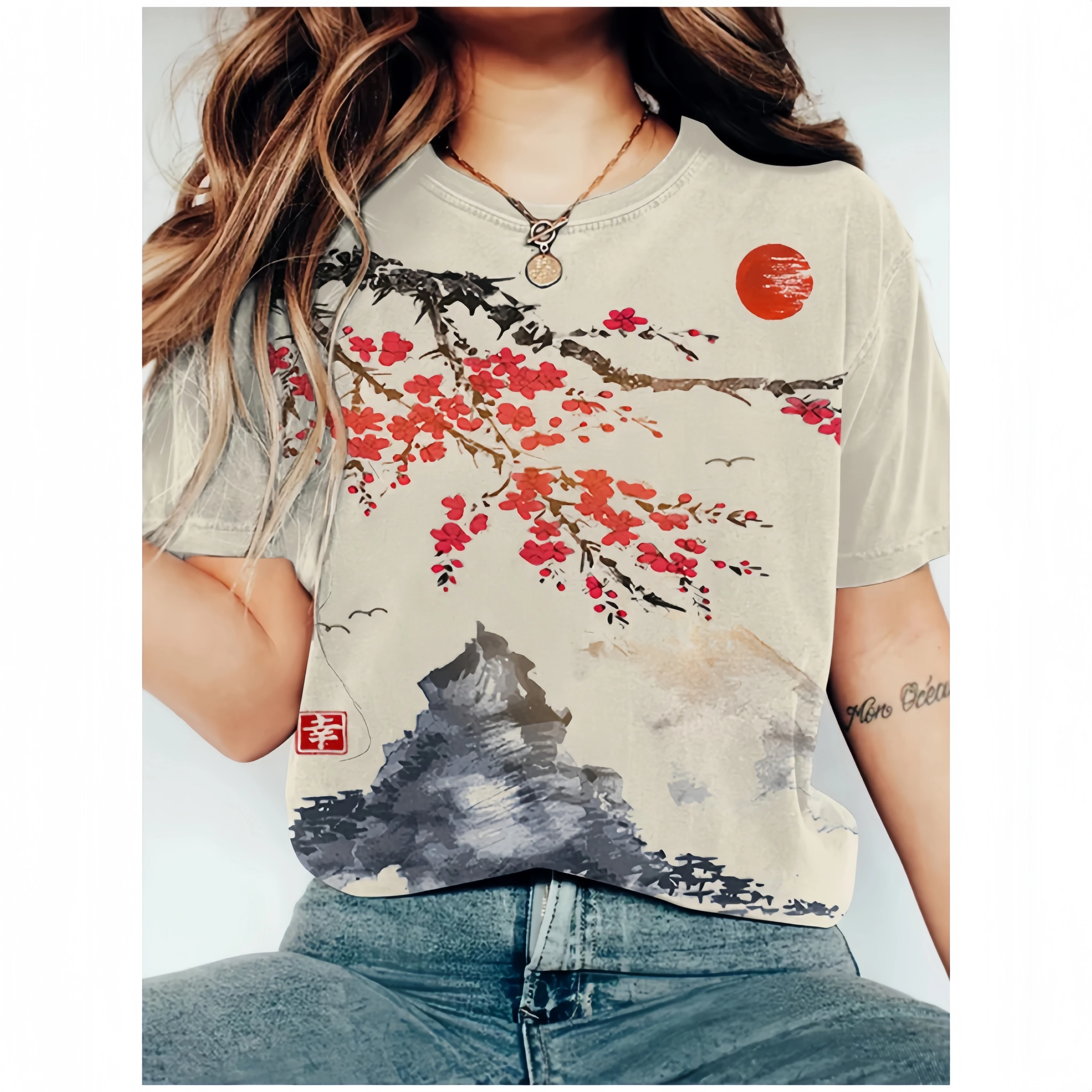 Japanese Art Retro Sunrise Ink Print Women's Casual Short Sleeved O Neck T Shirt