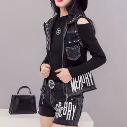 Fashion Denim Sets Women Spring/Summer Trend Hollow Mesh Letter Rivet Vest Coat and Jeans Shorts 2 Piece Set Aesthetic Suits Y2k