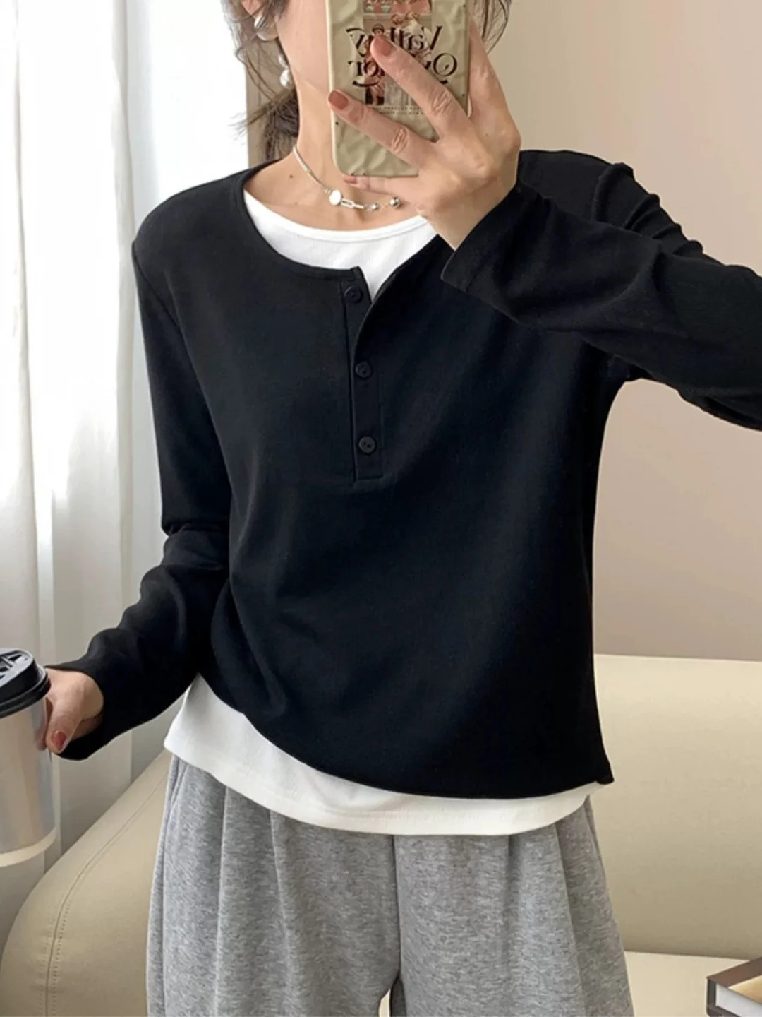 Loose Women's Long Sleeve T-Shirt Color Block Design Comfortable Base Shirt plus Size Fashionable Korean Style Autumn Top