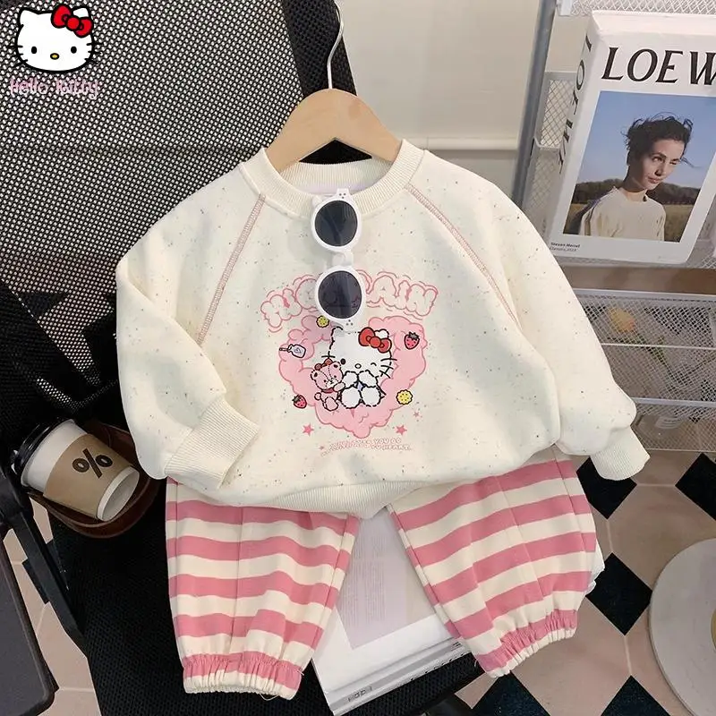 

Комплект из 2 предметов: худи и брюки Hello Kitty для девочек, осенняя новая коллекция, милый мультяшный дизайн, модная спортивная одежда, повседневный комплект