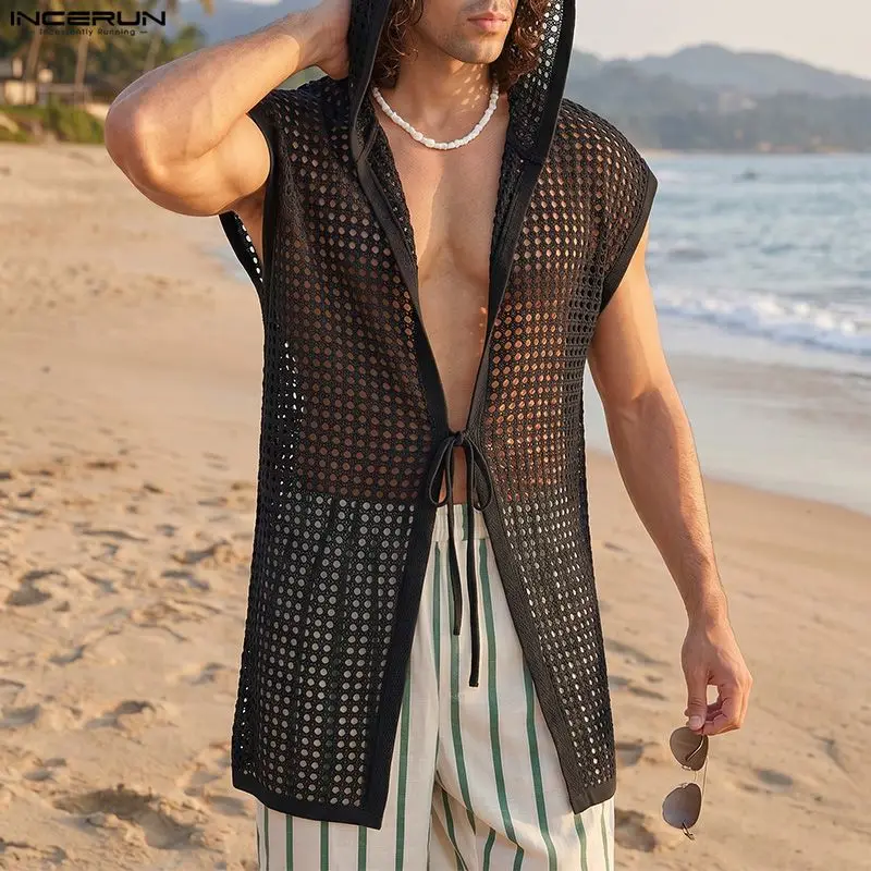 INCERUN Men's Tank Tops Hollow Out Solid Color See Through Lace Up Hooded Male Vests Summer Vacation 2026 Loose Men Clothes Tops