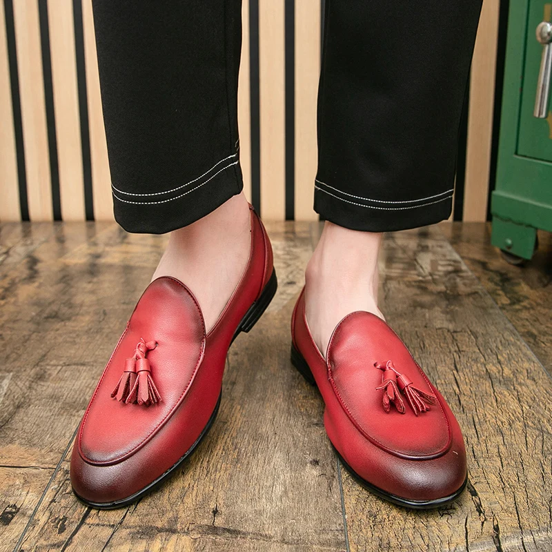 

British Style Tassel Pointed Leather Shoes Men PU Low Heel Comfortable Banquet Party Business Casual Loafers
