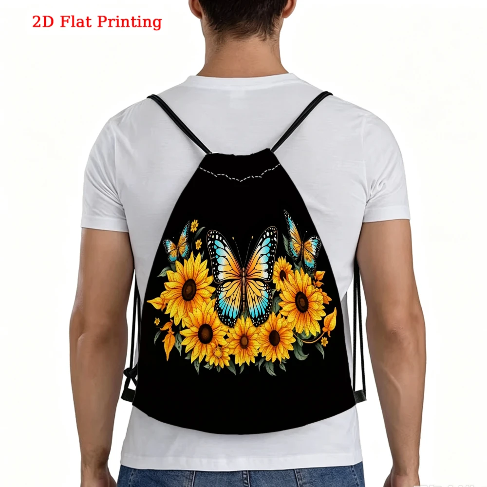 Casual 2D Printed Sunflower And Butterfly Drawstring Backpack For Fitness Sports Outdoor Travel