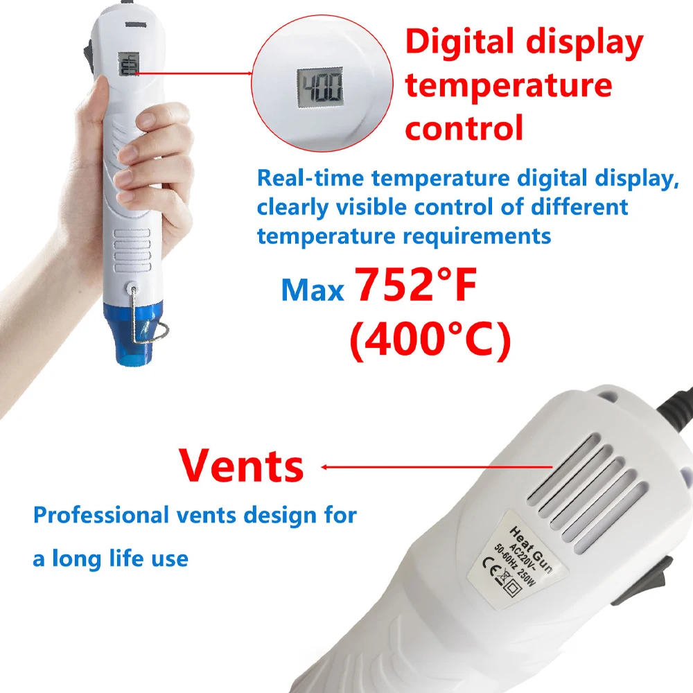

220V 250W Digital Hot Air Gun w/ LCD Temp Control - For Shrink Wrapping, PVC Repair & Craft Embossing | Fast Heating Industrial