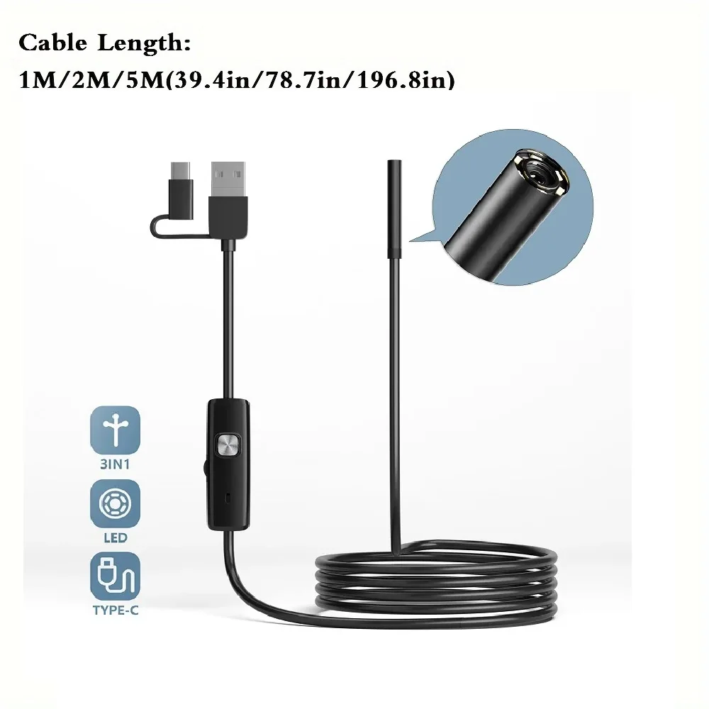 7MM/8mm Android Endoscope Camera 3 IN1 Micro USB Type C Borescope Mini Camera Waterproof LED Car Inspection For HUAWEI XIAOMI PC