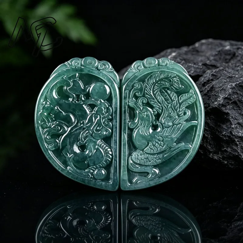 Certified A-Grade Natural Jadeite Dragon Phoenix Couple Pendant Hand Carved Burmese Jade Lucky Amulet Necklace Jewelry Gift - view 5