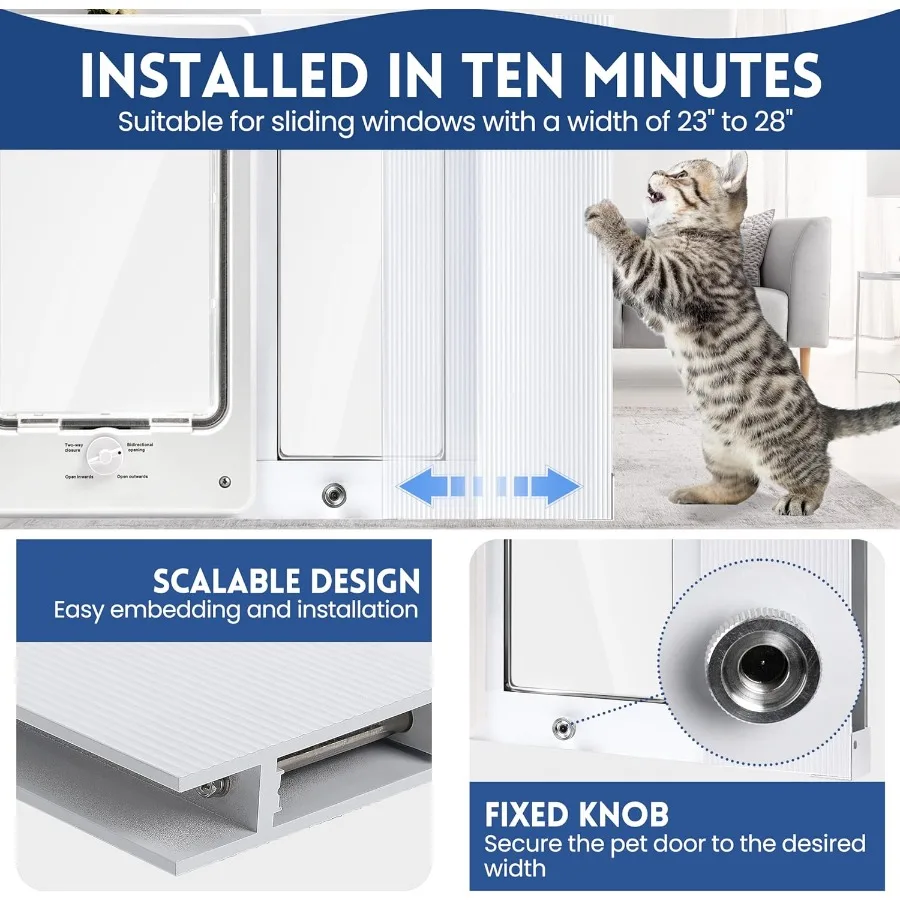 猫や小型犬用のフルサイズ窓ペットドア 幅調整可能 スライド窓に適合 10分で設置 アルミニウムフレーム HD高透明