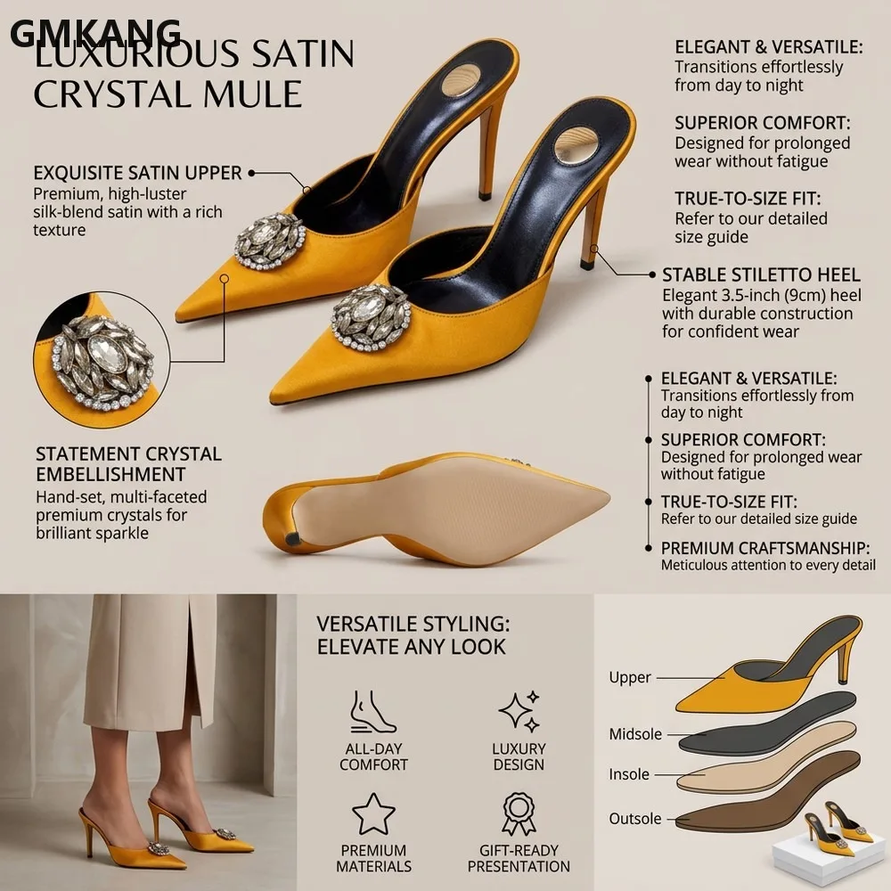 Women Retro Satin Rhinestone Pointed Toe Low Heel Mules Slip On Open Back Dress Sandals Chunky Heel Wedding Party Summer
