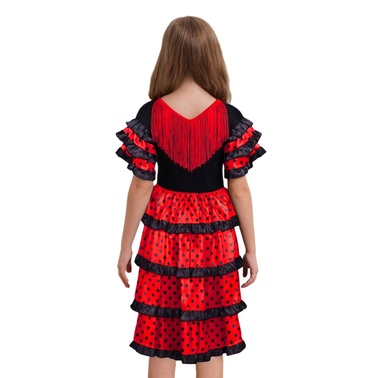 Kids Girls Spanish Flamenco Dress Childrens Gypsy Style Dance Performance Costume Tassels Short Sleeve Tiered Ruffles Dot Dress