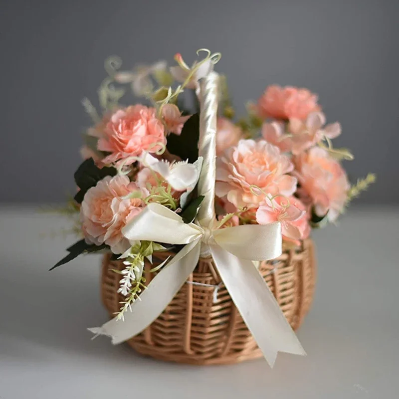 1pc Hand-woven Wedding Flower Basket With Handle Wicker Sundries Basket Wedding Flower Basket For Home Picnic Storage Basket
