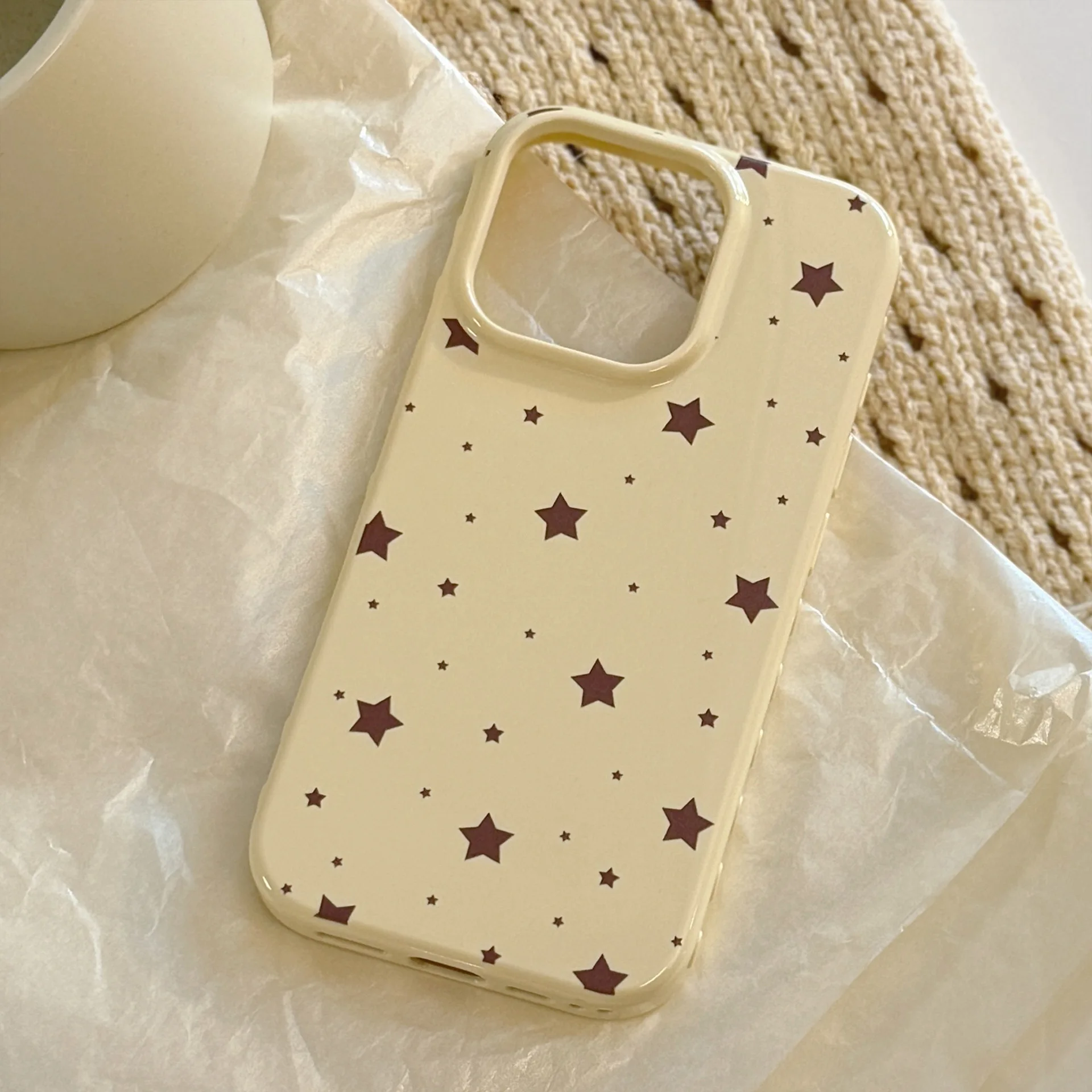 Koreanischer Stil, gelb, voller Bildschirm, braune Sterne, weiche Handyhülle für iPhone 17, 16, 15, 14, 13, 12, Pro Max, stoßfeste Schutzhülle
