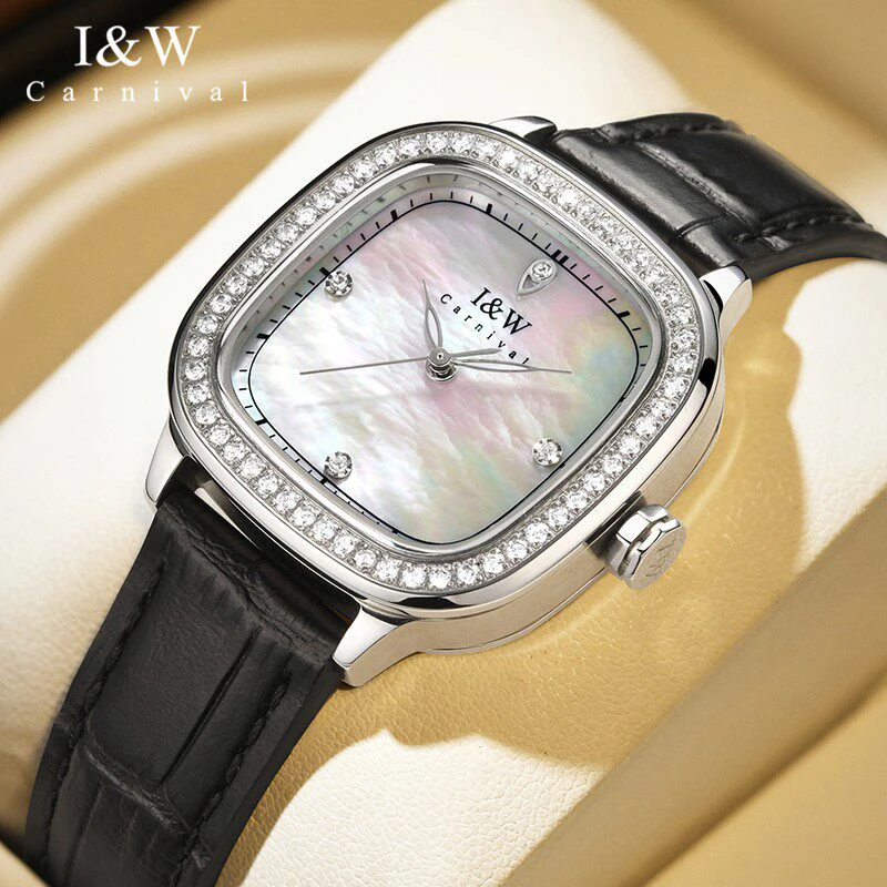 Carnival Brand Fashion Small Dial Square Quartz Watch Leather Strap Waterproof Luxury Diamond Crystal Women Watch Reloj Mujer