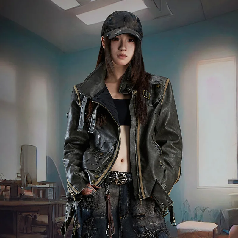 MWJLPWQ Heavy Industry Deconstructed Patchwork Leather Jacket Street Stand Collar Distressed Zipper Slim Short Women Tops 11930