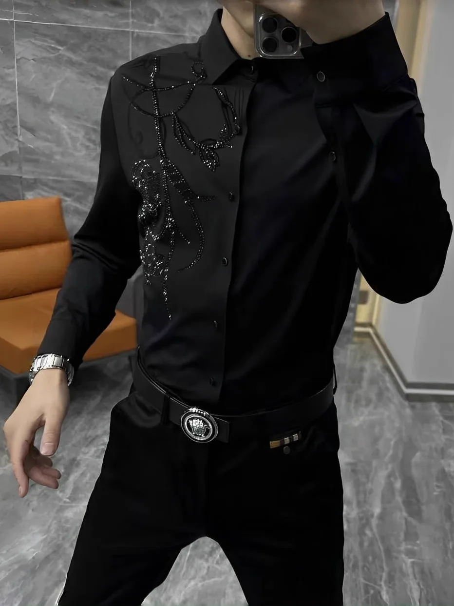 

Men's Faionable Casual Long Sve irt Spring Autumn New Sle Comfortable Elastic Busin Leisure Diamond Heat Treaent