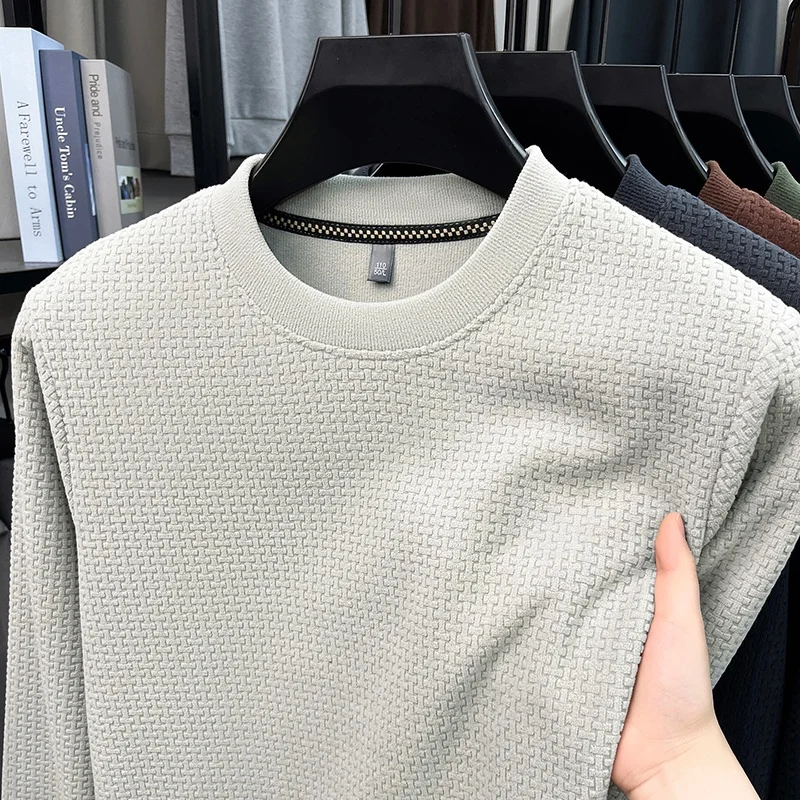 Herren-Sweatshirt mit Rundhalsausschnitt, Waffelstruktur, langen Ärmeln, einfarbig, lockerer Schnitt, lässig, für den täglichen Gebrauch, ein Basic-Oberteil für Herbst und Winter. – Detail 8