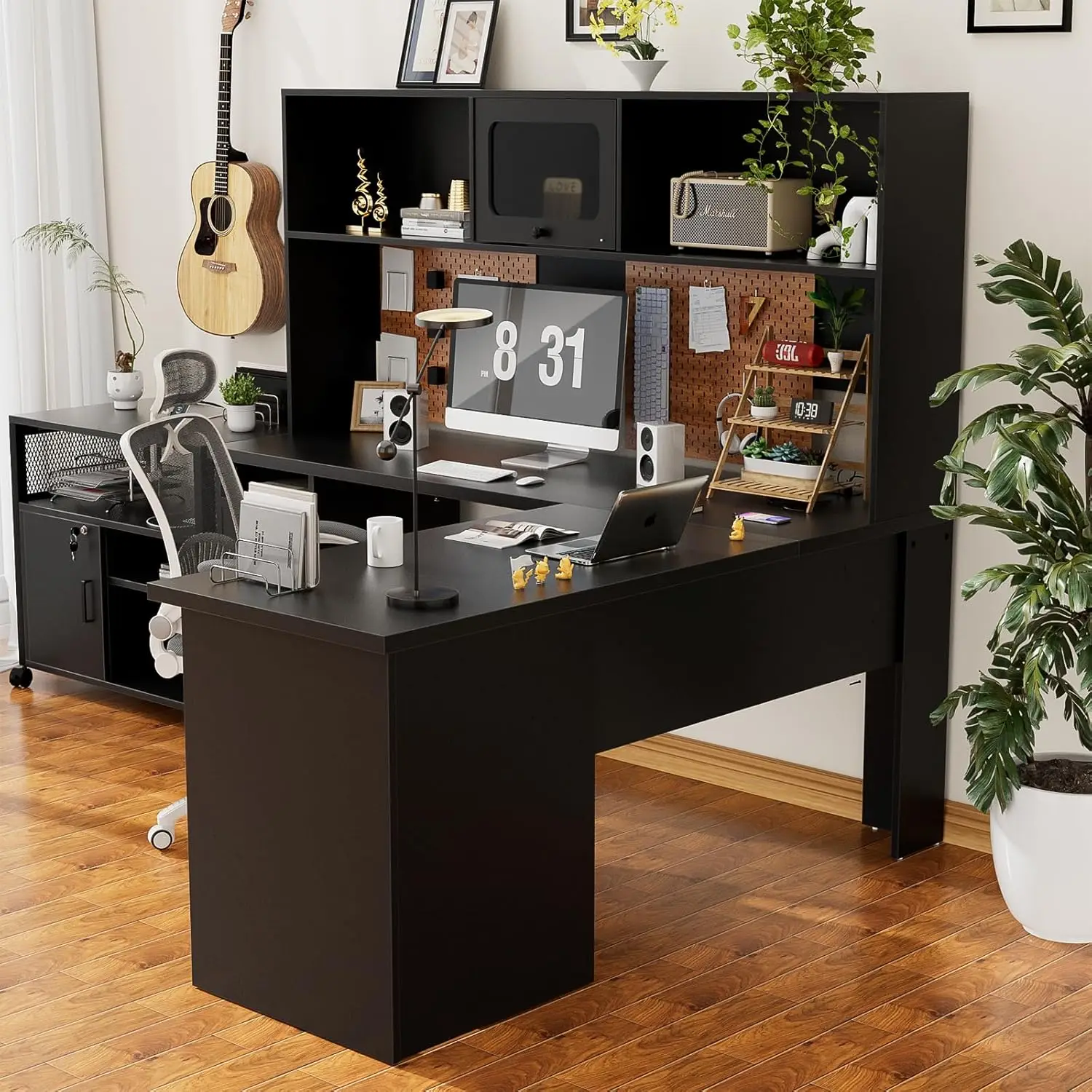 Unikito L Shaped Office Desk with Hutch, 60 Inch Computer Desk with Power Outlet and LED Lights, Large Modern Corner Desk with