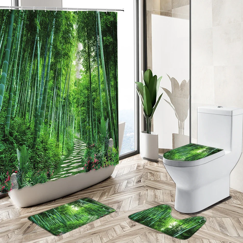 Green Leaf Bamboo Forest Landscape Shower Curtain Set Spring Plant Scenery Bathroom Bathtub Non-Slip Pedestal Rug Toilet Cover