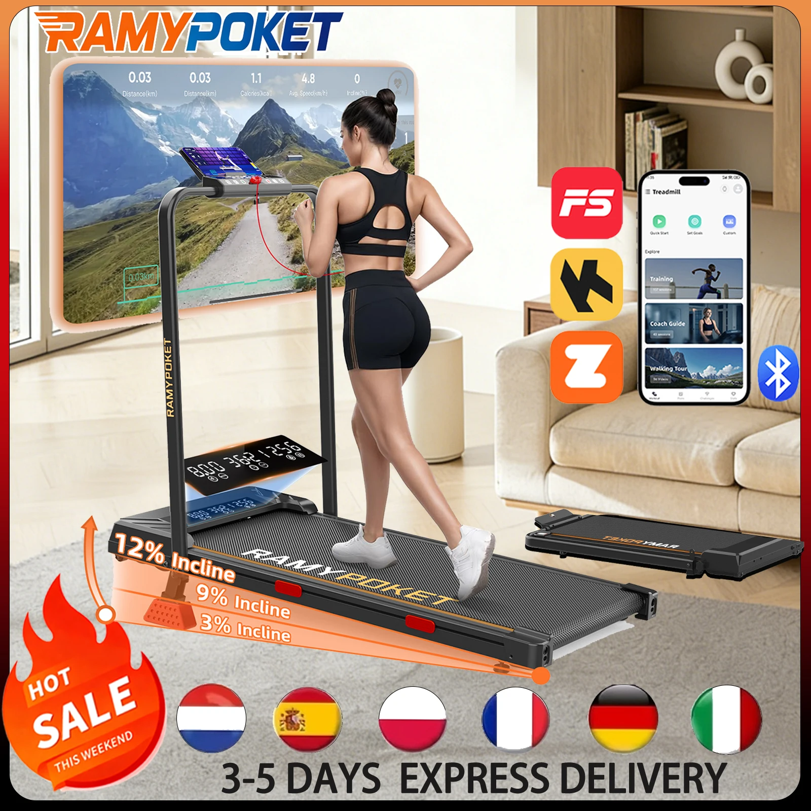 Tapis De Course pliable inclinable 12%,silencieux 2.5HP,tapis de course 10km/h,APP&LED,150kg max charge,walking pad bureau