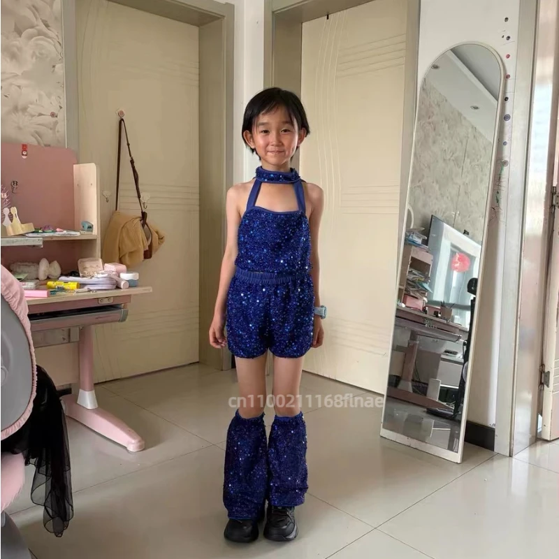 Traje de baile de Jazz azul para niña, disfraz de actuación, modelo tecnológico, espectáculo en escenario en T, conjunto de traje de baile callejero a la moda